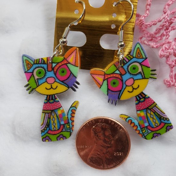 Picasso like kitty Earrings Multi-color Earwire - Picture 2 of 6